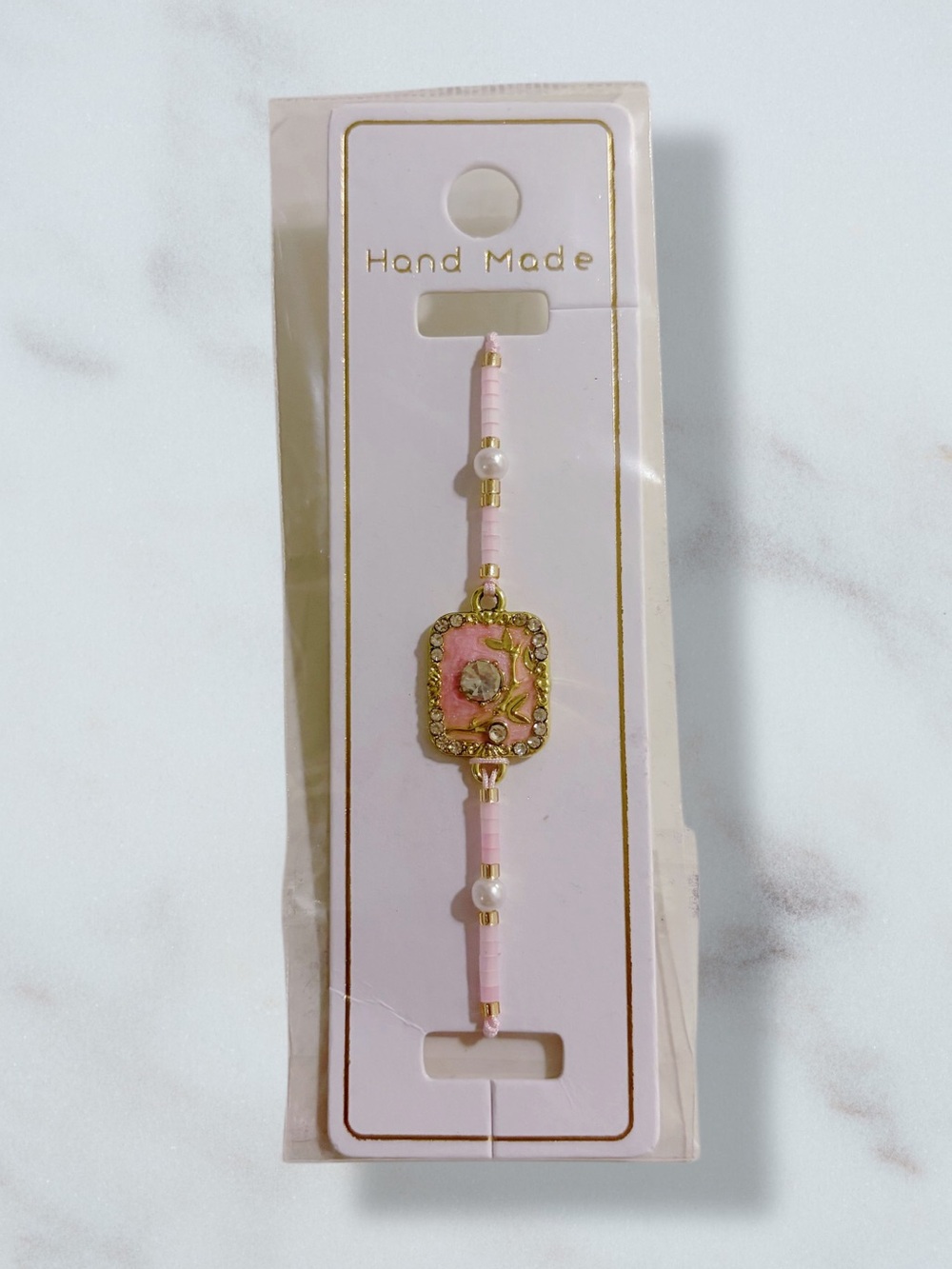 🛍️3/$20🛍️ Handmade Pink Beaded Bracelet with Floral Enamel Accent